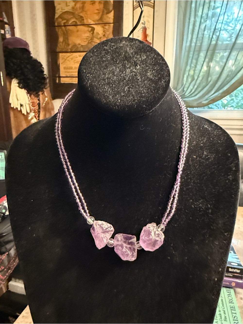 Artisan, genuine, raw and smooth, amethyst beaded necklace sterling and quartz